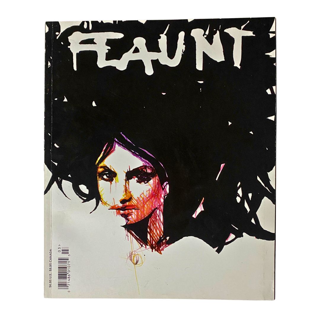 Cover of Flaunt Magazine 2005 #62 featuring striking artwork by James White and a portrait of a mysterious woman, exemplifying vintage magazine aesthetics.
