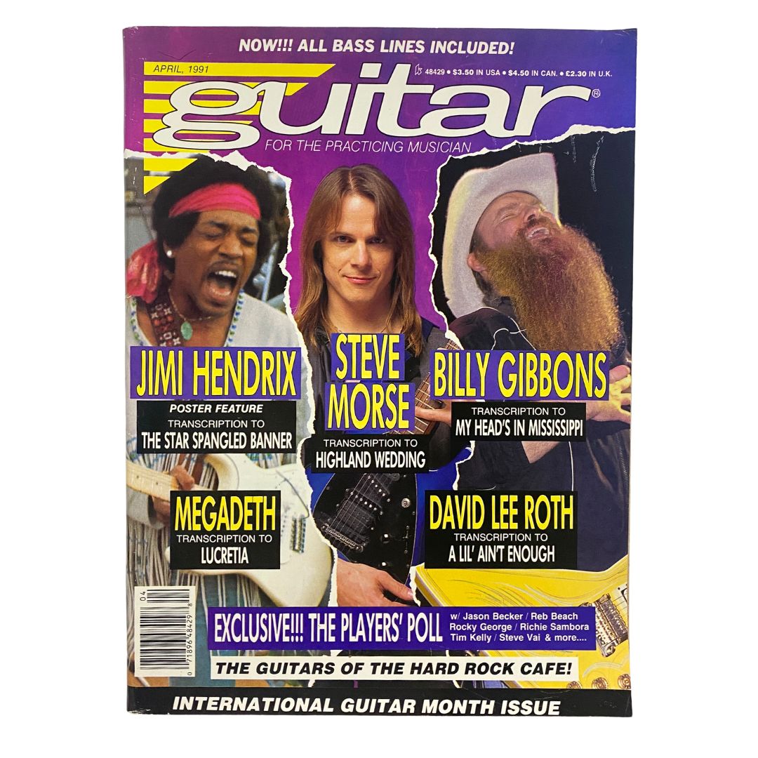 Guitar for the Practicing Musician Magazine April 1991 featuring Jimi Hendrix on the cover, highlighting other musicians like Steve Morse, Billy Gibbons, and Megadeth. A vintage collectible magazine for music enthusiasts.