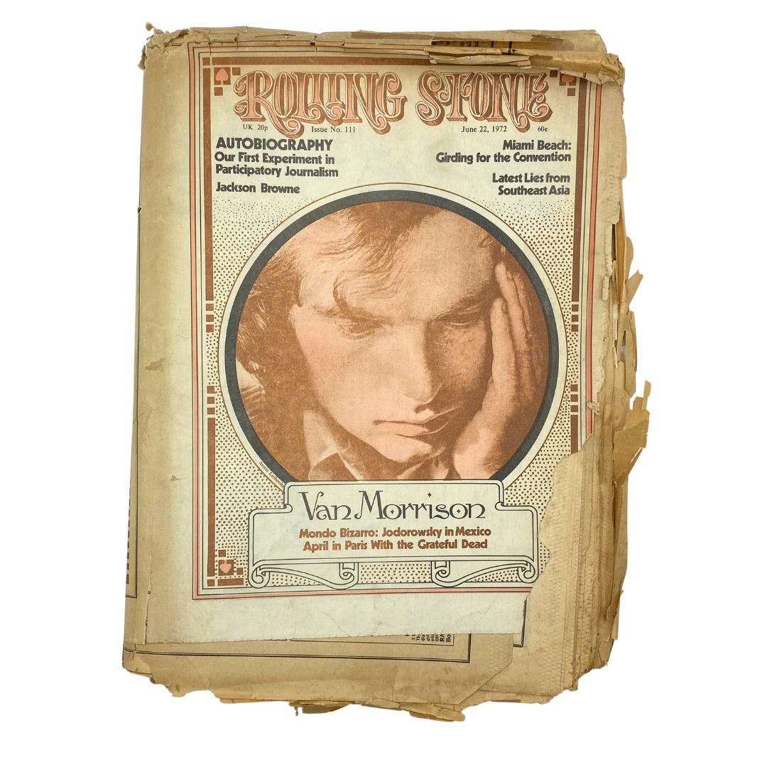 Cover of Rolling Stone Magazine June 22 1972 Issue No. 11 featuring Van Morrison. The vintage magazine displays orange-toned graphics with iconic headlines and text, depicting a portrait of Van Morrison. Perfect for collectors and music history enthusiasts.