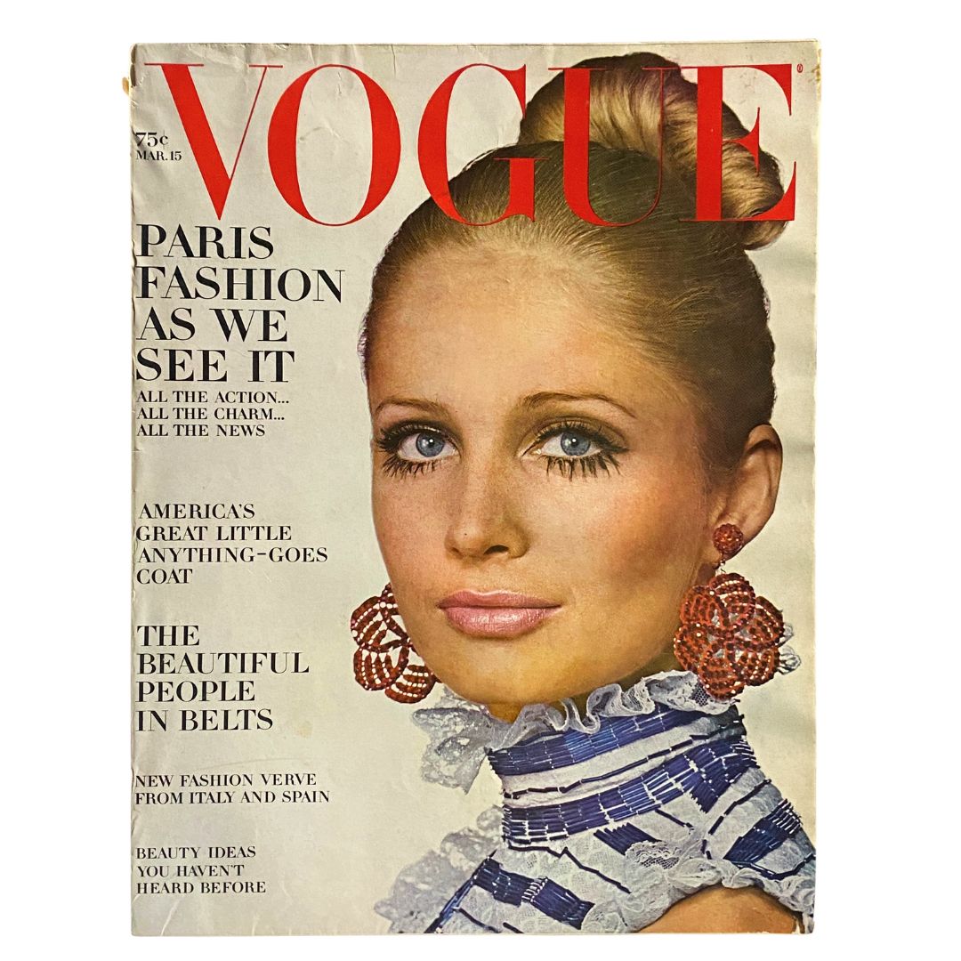 Vintage Vogue Magazine, March 15, 1968: Sue Murray photographed by Irving Penn on the cover.