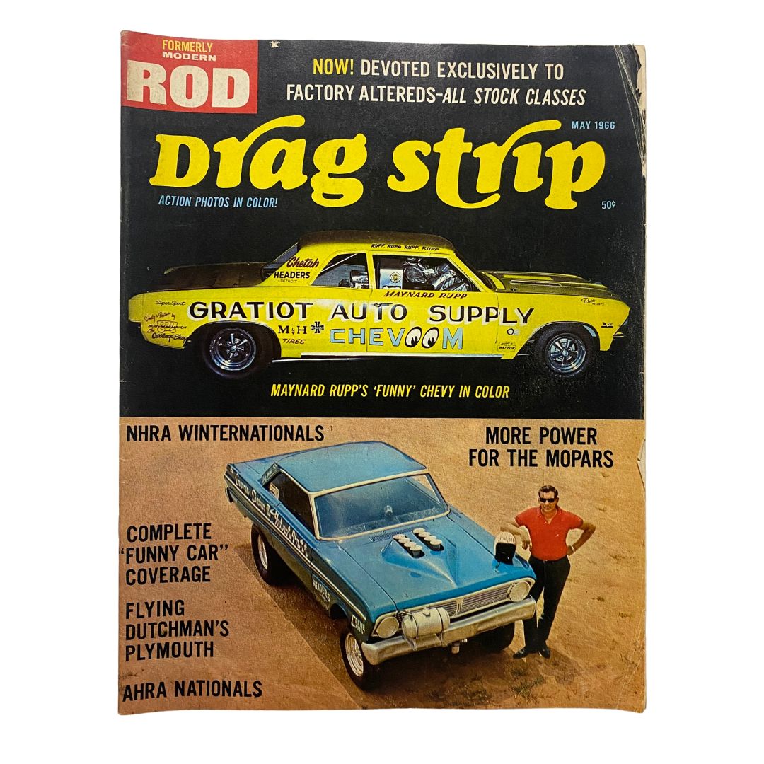 Cover of VTG Drag Strip Magazine May 1966, featuring Maynard Rupp's Funny Chevy with bold yellow graphics and action photos.