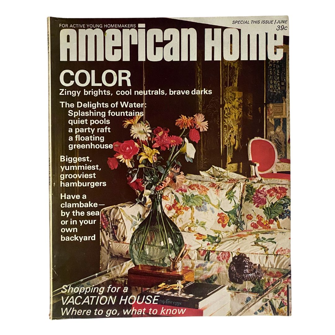 Cover of VTG American Home Magazine June 1968 featuring vibrant colors, floral arrangements, and articles on home decor, ideal for vintage magazine collectors.