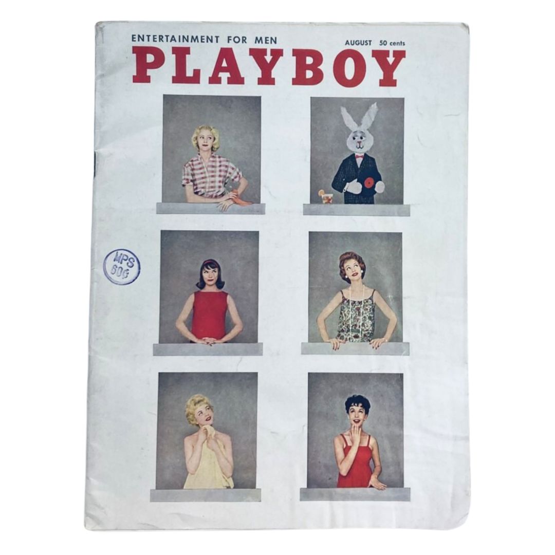 VTG Playboy Magazine August 1958 cover featuring various women and a bunny mascot, a collectible issue highlighting Myrna Weber as centerfold.