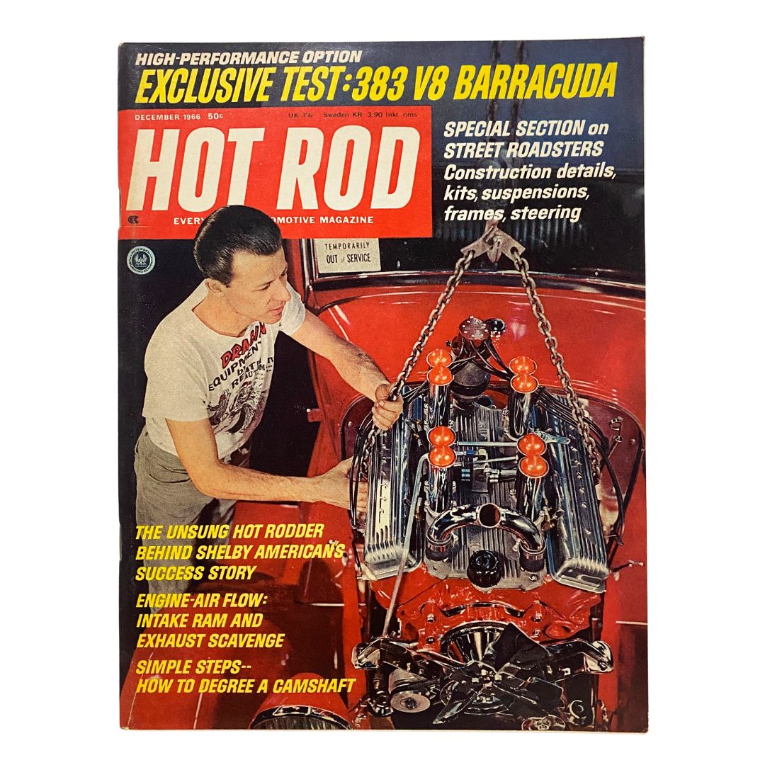 Vintage VTG Hot Rod Magazine from December 1966 featuring an exclusive test of the 383 V8 Barracuda, showcasing the vibrant cover with a mechanic working on an engine.
