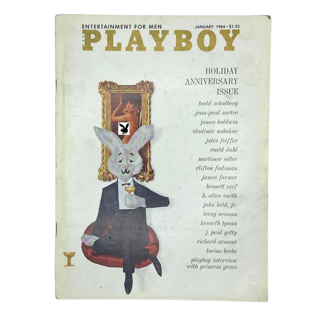 Cover of VTG Playboy Magazine from January 1966 featuring Playmate Judy Tyler, complete with the iconic centerfold. The cover showcases a whimsical illustration of a rabbit in a tuxedo holding a drink, set against a vintage art frame.