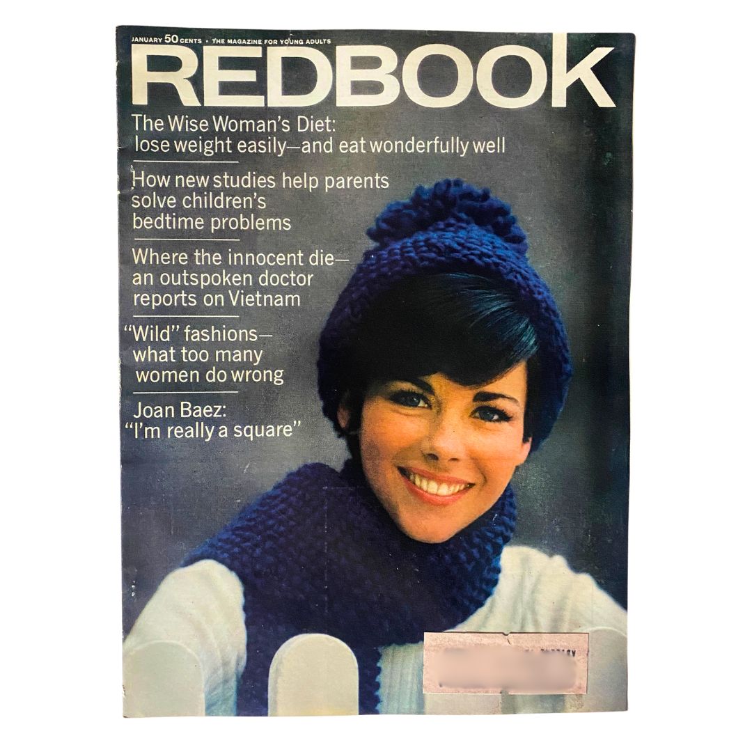 VTG Redbook Magazine January 1967 Vol 128 No. 3 featuring Joan Baez on the cover with the article 'I'm Really Square', showcasing the retro design and themes of the 1960s.