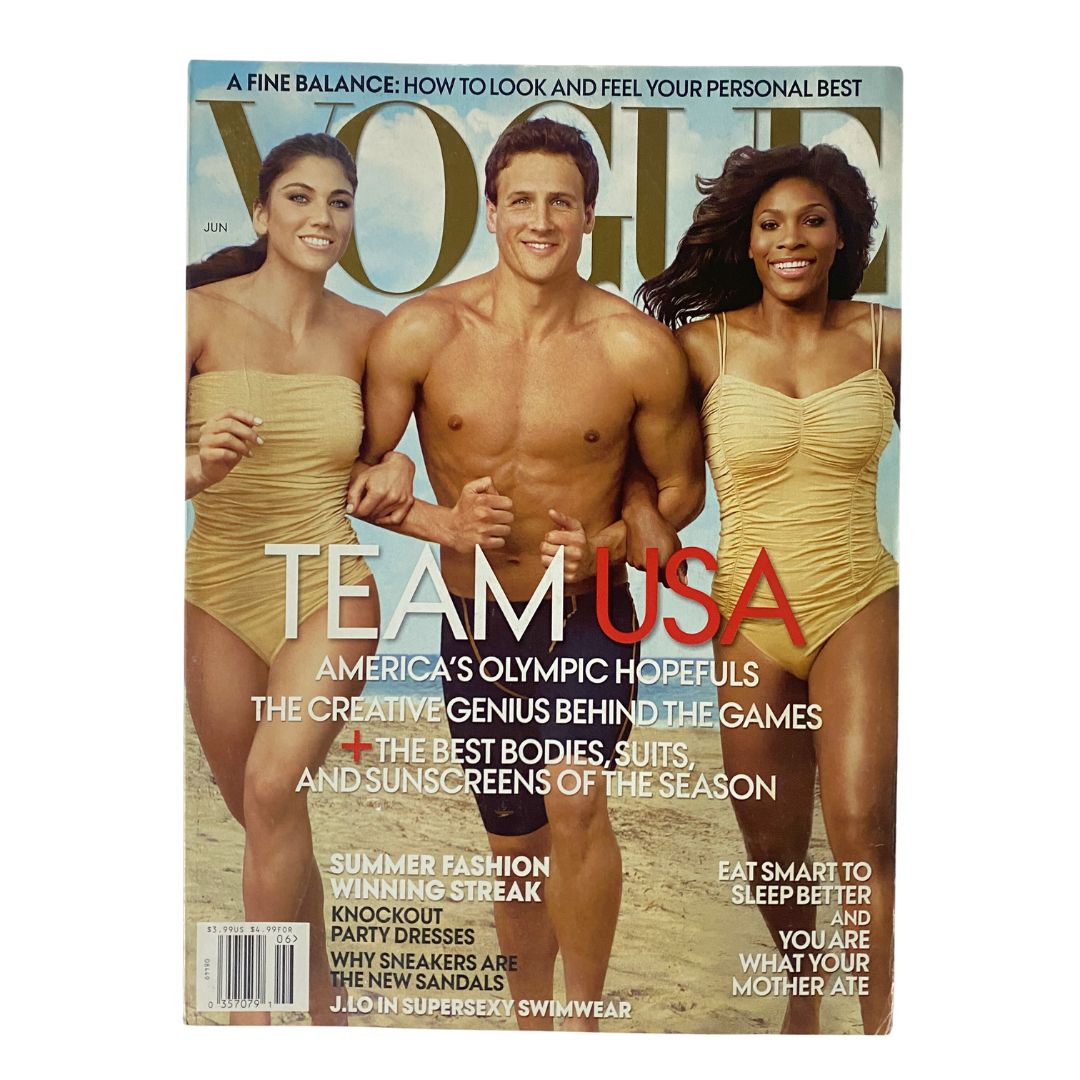 Cover of Vogue Magazine June 2012 featuring Team USA athletes Hope Solo, Ryan Lochte, and Serena Williams, showcasing summer fashion and Olympic spirit.