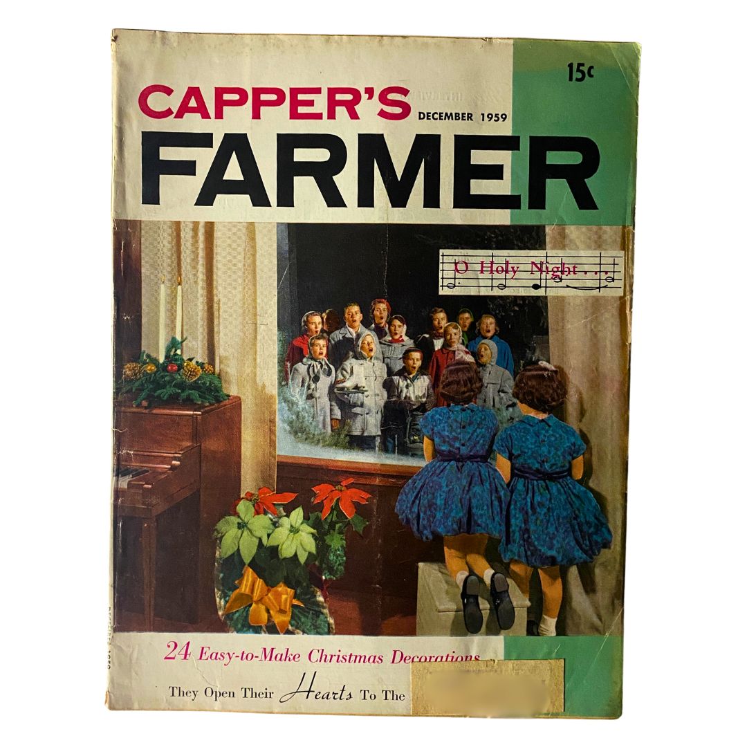 Cover of VTG Carper's Farmer Magazine December 1959 featuring easy-to-make Christmas decorations, showcasing festive imagery and a vintage design.