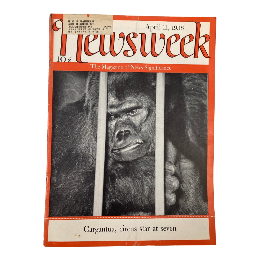 Cover of VTG Newsweek Magazine from April 11, 1938, featuring Gargantua, the circus star at seven, showcasing a gorilla behind bars.