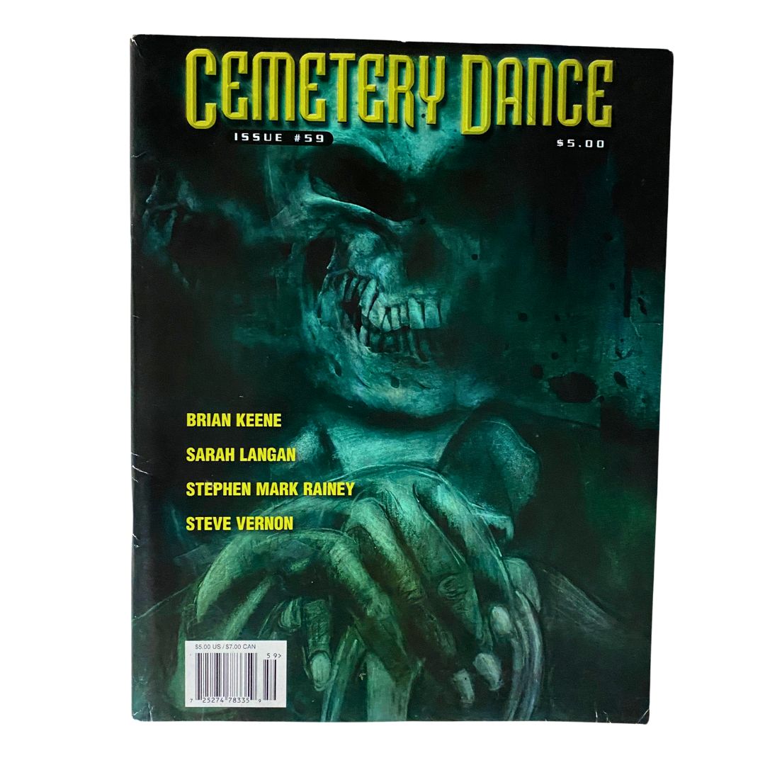 Cover of Cemetery Dance Magazine December 2008 #59 featuring chilling artwork of a skeletal figure, with contributions from Brian Keene and Sarah Langan.