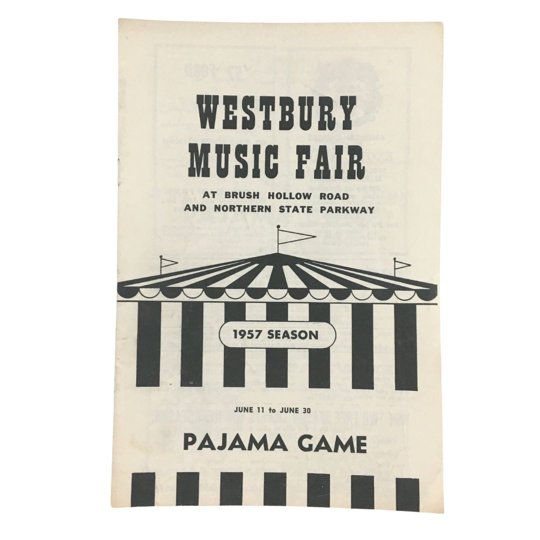 Westbury Music Fair 1957 Season program cover for Pajama Game, featuring a striped tent design and event details, nostalgic vintage theatre memorabilia.