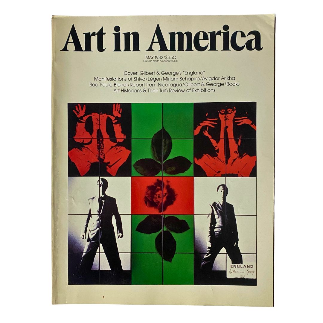 Cover of Art in America Magazine, May 1982 featuring Gilbert & George's England, showcasing their influential artwork with a vibrant design.