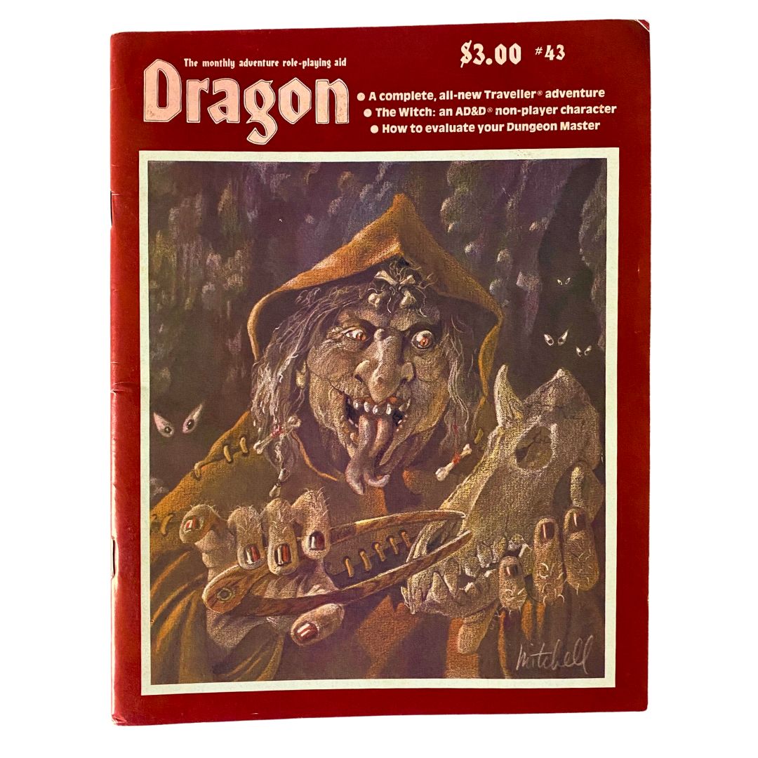 Cover of VTG The Dragon Magazine November 1980 #43 featuring The Witch, showcasing an eerie illustration of a witch with a sinister expression and details reflective of the fantasy genre.