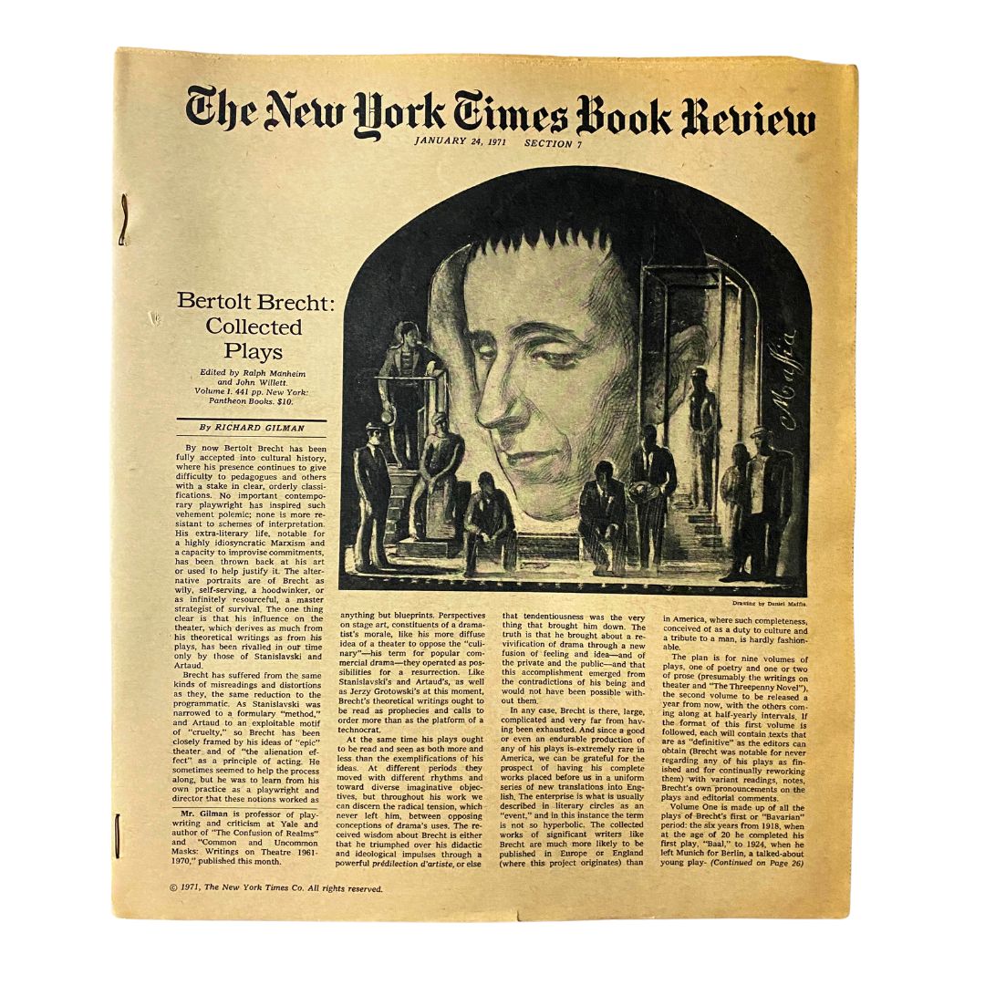 Cover of The New York Times Book Review from January 24, 1971, featuring an article on Bertolt Brecht's collected plays and an artistic illustration.