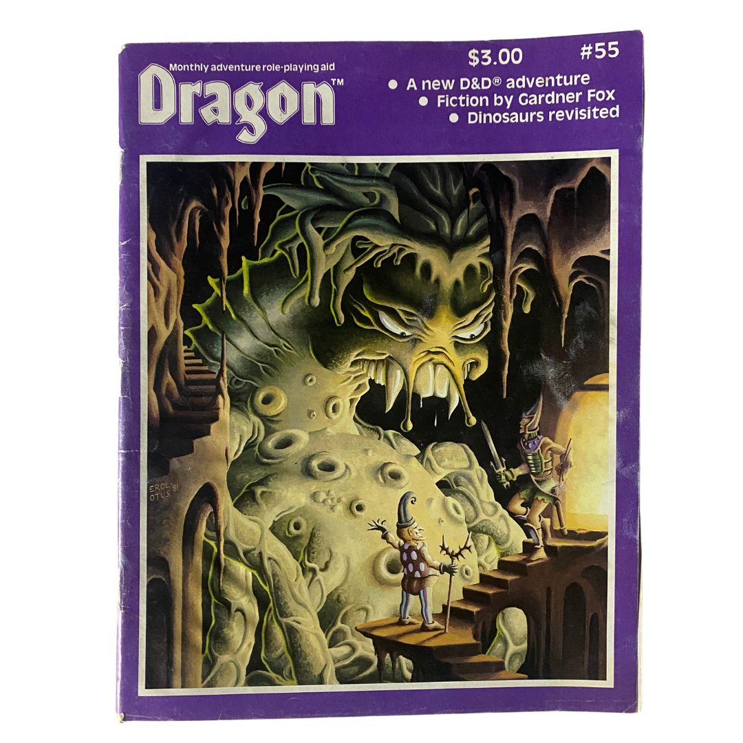Cover of VTG Dragon Magazine November 1981 #55 featuring a fantasy illustration of a creature and adventurers, highlighting the theme 'Dinosaurs Revisited'.