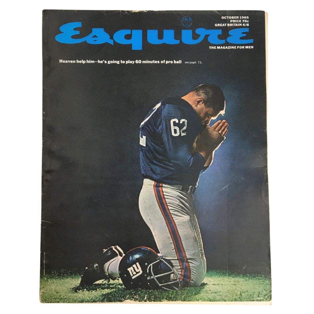 Cover of Esquire Magazine October 1965 featuring a football player in a prayer pose, illustrating 'Pro-Football The American War Game' theme.