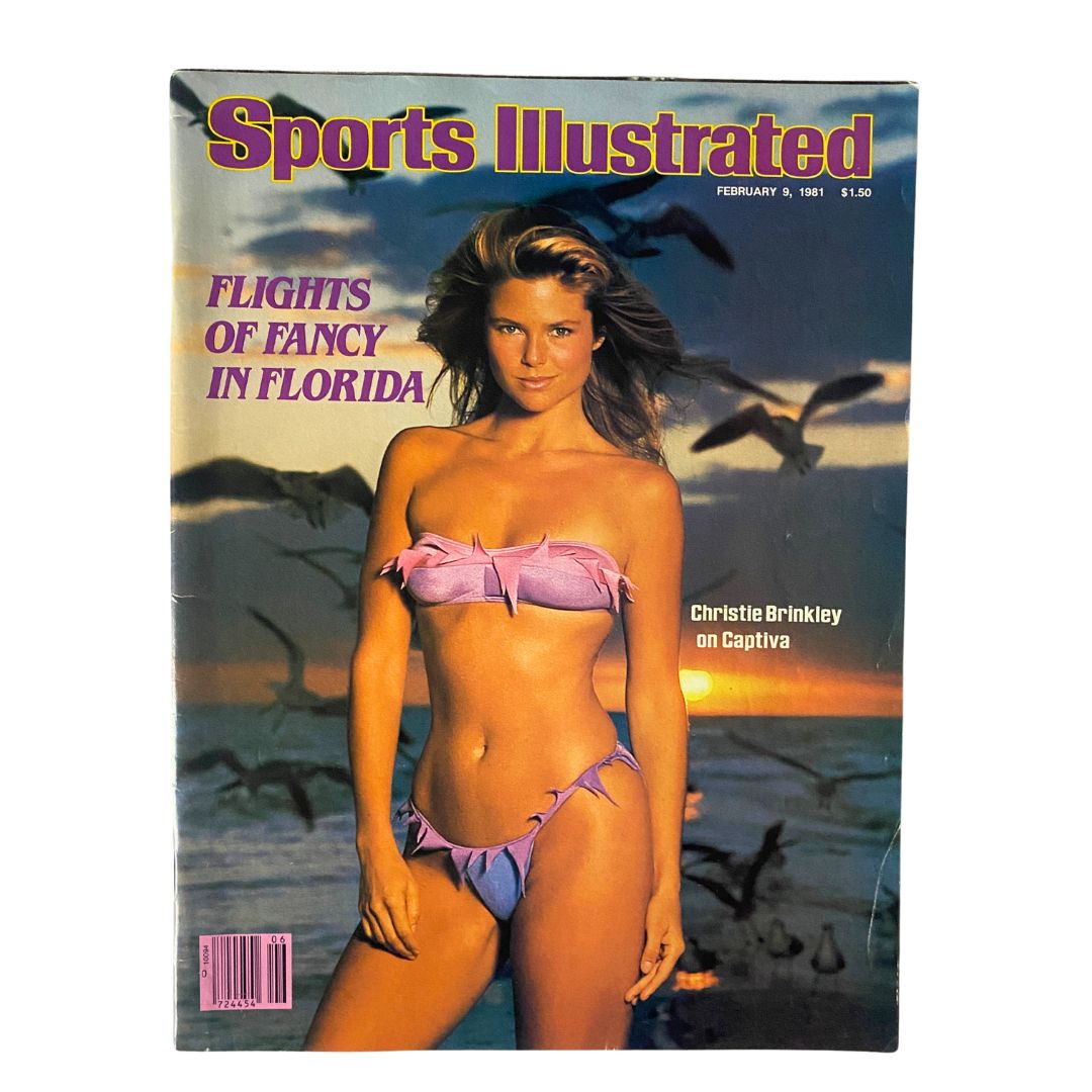 Vintage Sports Illustrated magazine featuring Christie Brinkley on the cover, dated February 9, 1981, showcasing her in a stylish bikini against a scenic beach background.