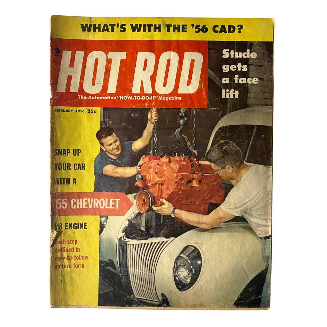 Cover of VTG Hot Rod Magazine February 1956 featuring the '55 Chevrolet V8 Engine with mechanics in action.