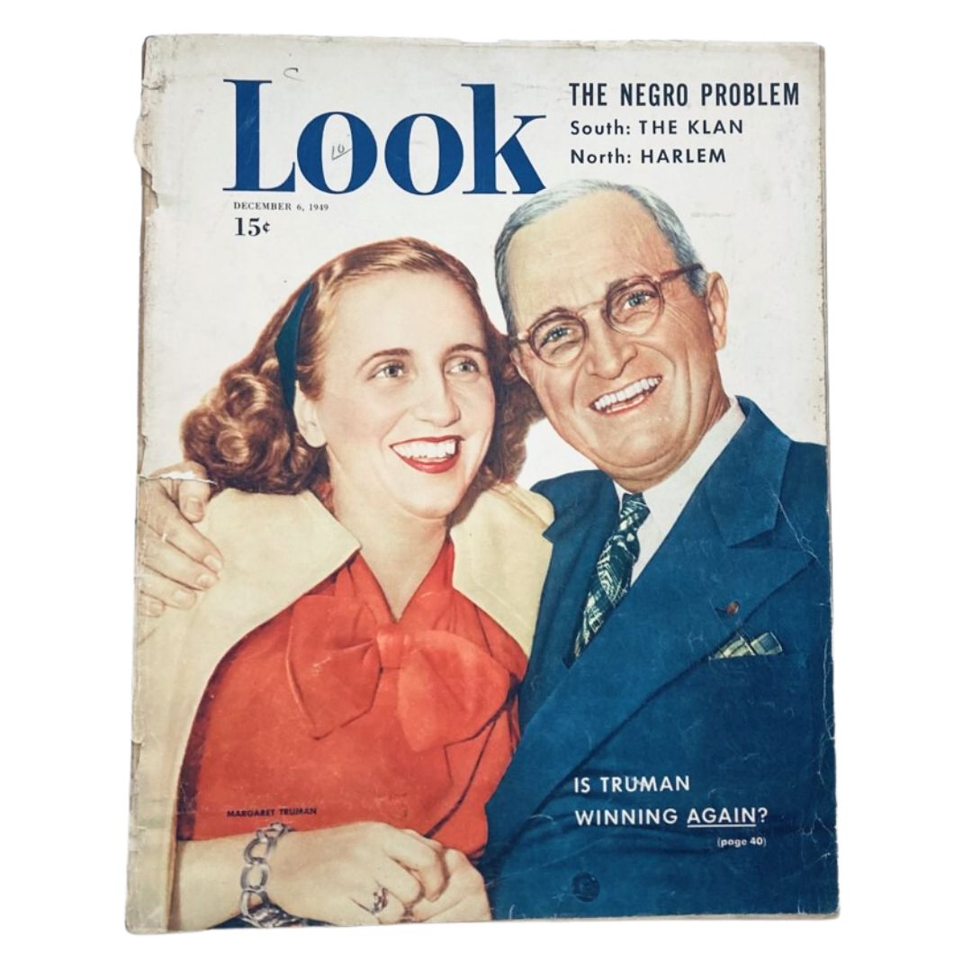 Cover of Look Magazine, December 6, 1949, showcasing Margaret and Harry Truman, features the headline about Truman's political success and the societal issues of the era.