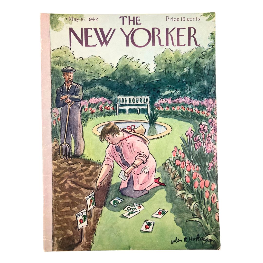 The New Yorker Magazine May 16 1942 cover illustration by H. E. Hokinson, featuring a woman gardening with flower beds and a man in the background.