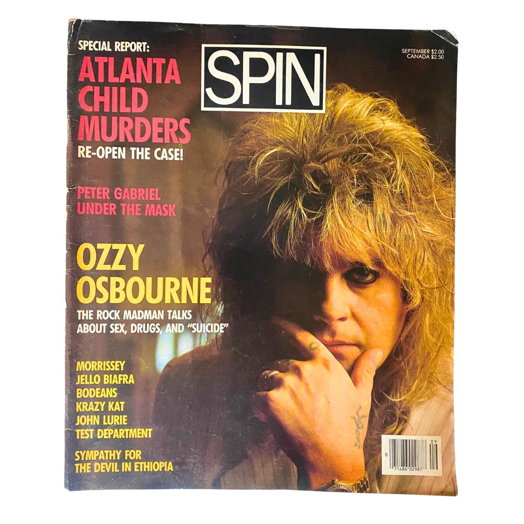 Vintage Spin Magazine September 1986 featuring Ozzy Osbourne, known as 'The Rock Madman.' The magazine's cover highlights an article on Ozzy discussing his life and career, amidst other featured topics like Atlanta Child Murders and Peter Gabriel.