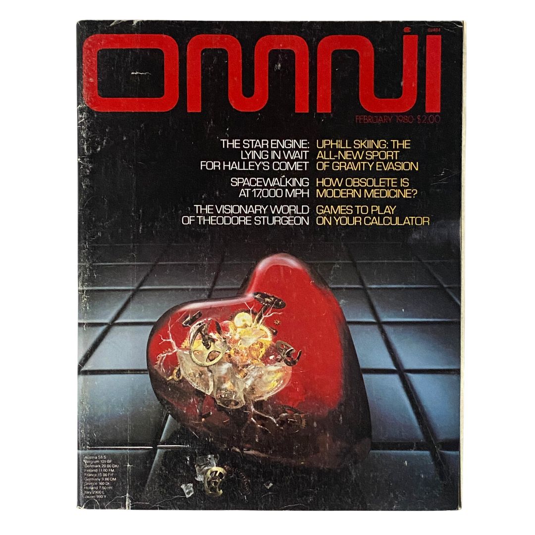 Cover of VTG Omni Magazine February 1980 titled 'Lying in Wait for Halley's Comet', featuring a striking red heart-shaped object against a black tile background.