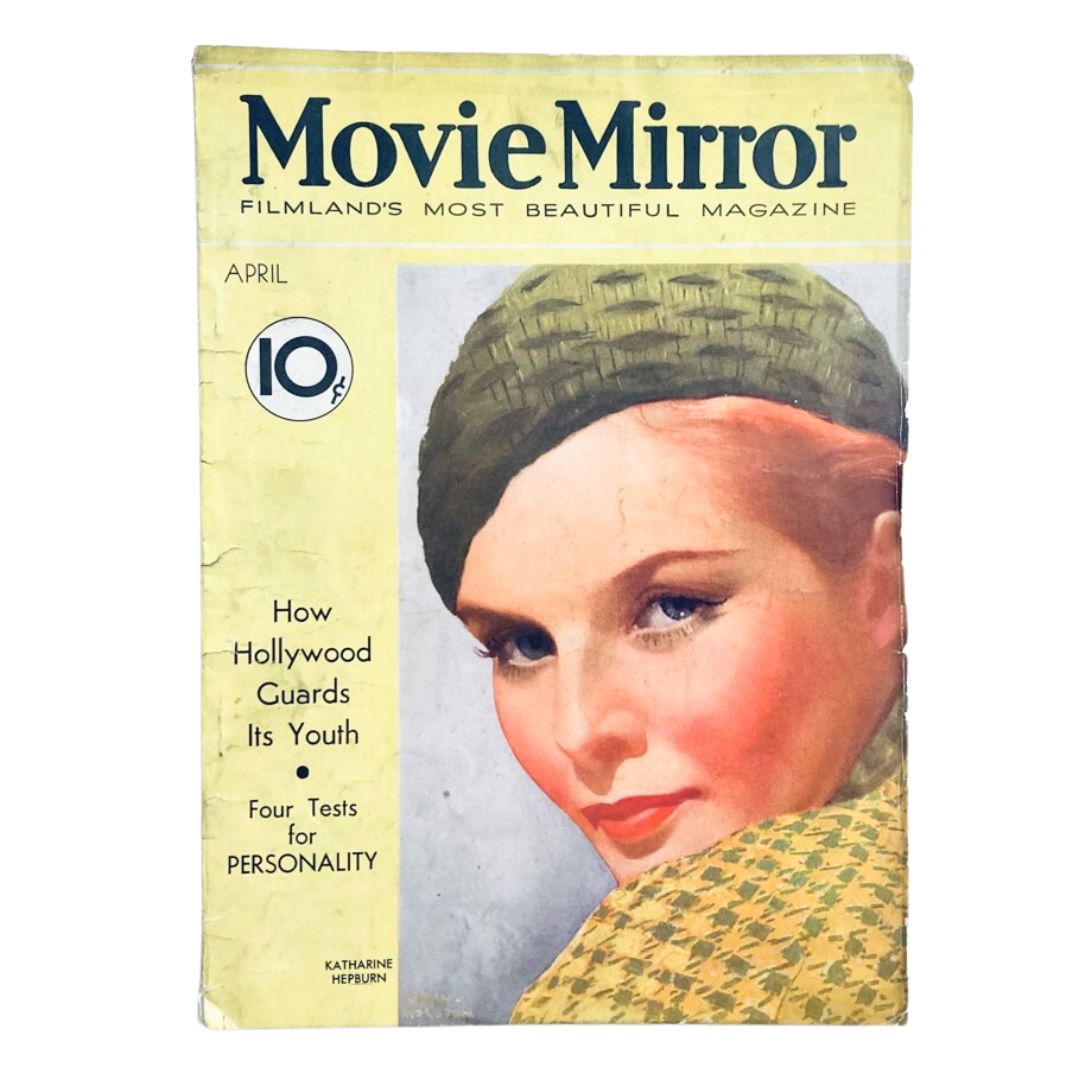 VTG Movie Mirror Magazine April 1933 Vol 3 No. 6 featuring an illustration of Katharine Hepburn on the cover with a green hat.