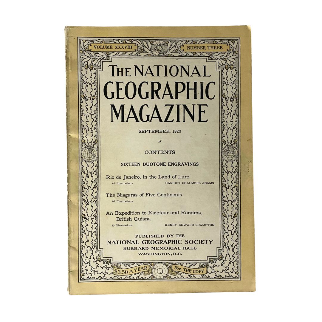 Vintage National Geographic Magazine September 1920 cover showcasing the title and contents, featuring 16 duotone engravings.