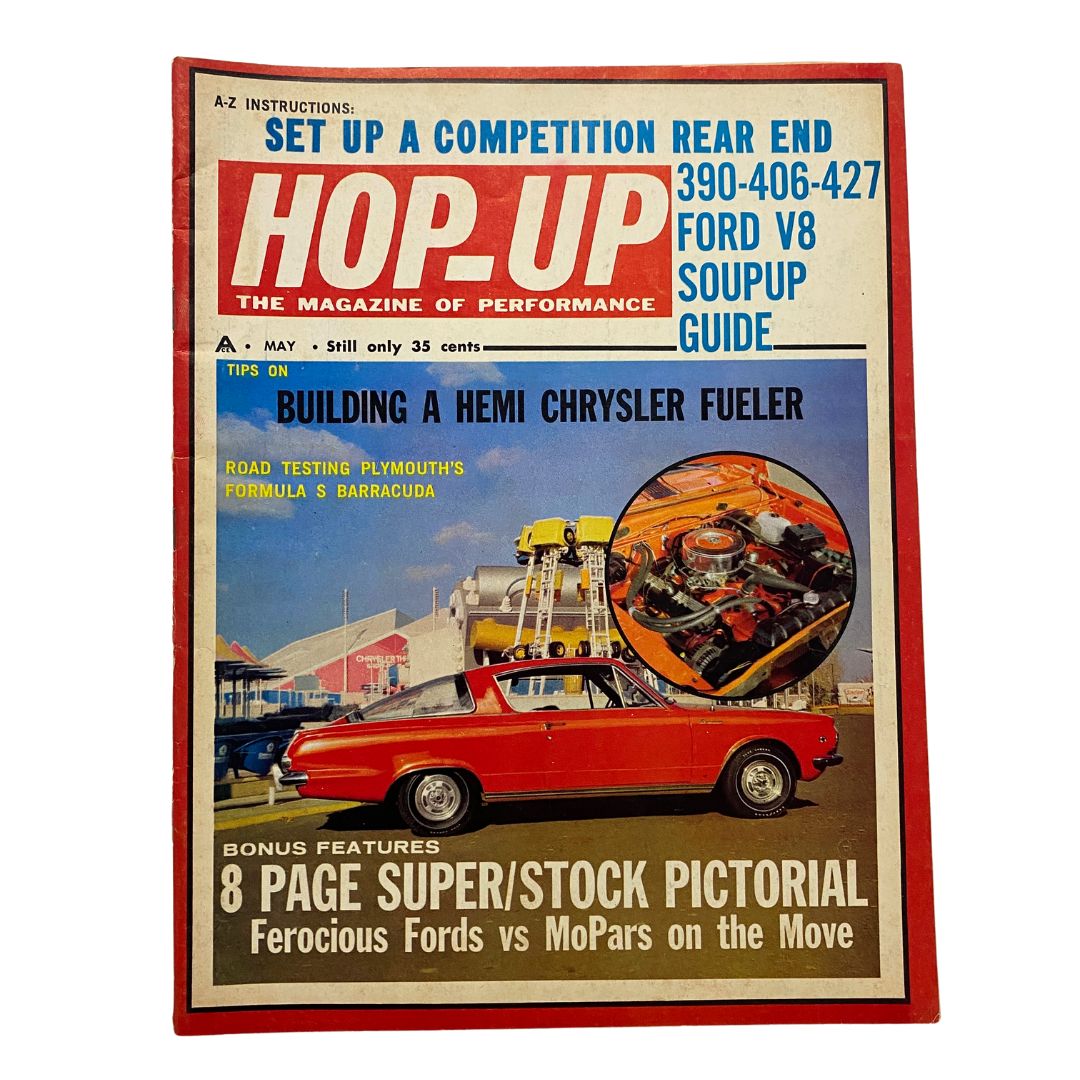 Cover of VTG Hop Up Magazine May 1965 featuring tips on building a Hemi Chrysler Fueler, showcasing automotive performance with a vibrant red car and technical illustrations.