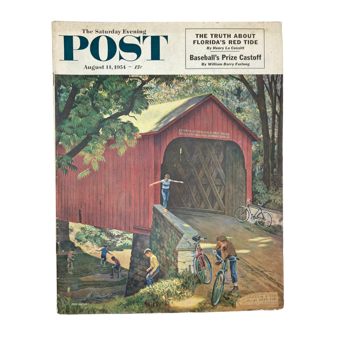 Saturday Evening Post Magazine August 14 1954 cover featuring painting 'Lazy Summer Day' by John Falter with children playing near a red barn.