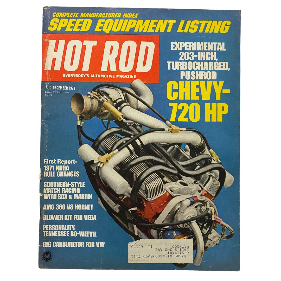 VTG Hot Rod Magazine December 1970 cover featuring a turbocharged Chevy engine with a headline on 1971 NHRA rule changes.