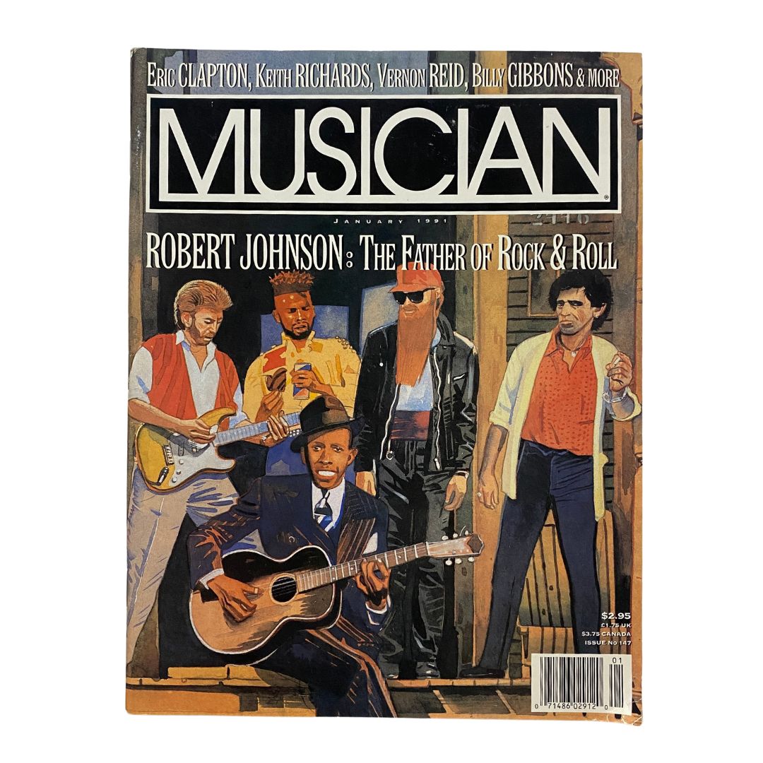 Cover of Musician Magazine January 1991 featuring Robert Johnson, titled 'The Father of Rock & Roll', showcasing the legendary musician alongside other artists.
