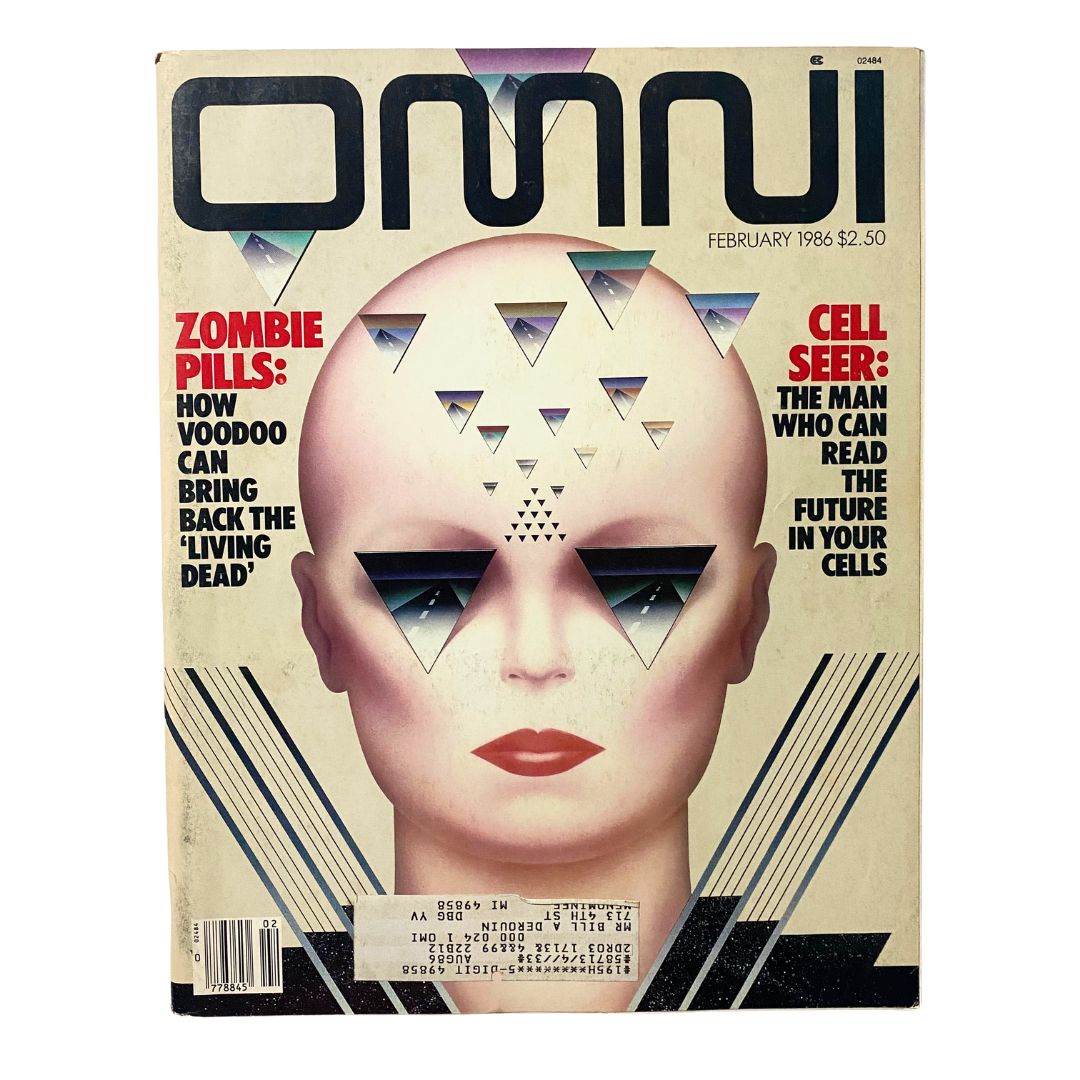 Omni Magazine February 1986 cover featuring the article 'Zombie Pills: How Voodoo Can Bring Back The Living Dead' with a striking graphic design of a humanoid figure.