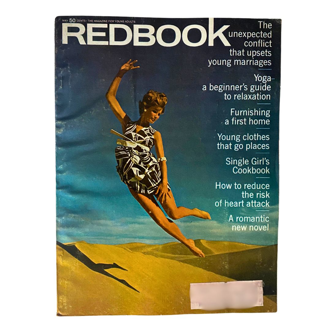 Cover of VTG Redbook Magazine May 1968 Vol 131 No. 1 featuring a model in fashionable clothing against a desert backdrop, highlighting the theme 'Young Clothes That Go Places.'