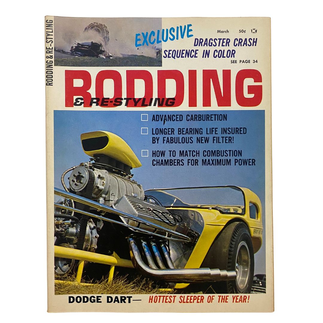 Cover of Rodding & Re-Styling Magazine March 1965 showcasing a dragster and the phrase 'Exclusive Dragster Crash Sequence in Color', highlighting automotive themes.