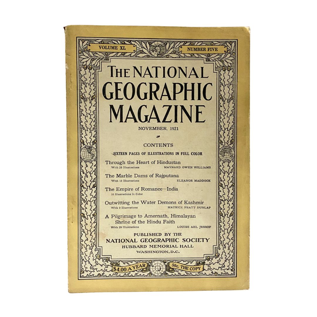 Cover of the VTG National Geographic Magazine from November 1921 featuring contents including 'The Marble Dams of Rajputana'.