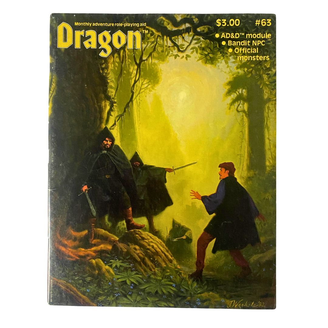 Cover of VTG Dragon Magazine July 1982 #63 featuring a fantasy scene with adventurers and new monsters, showcasing the essence of Dungeons & Dragons gameplay.