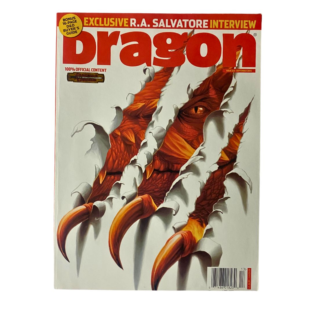 Cover of Dragon Magazine September 2004 #323 featuring dramatic claw marks and a fierce dragon illustration by Dan Scott, highlighting vintage gaming culture.