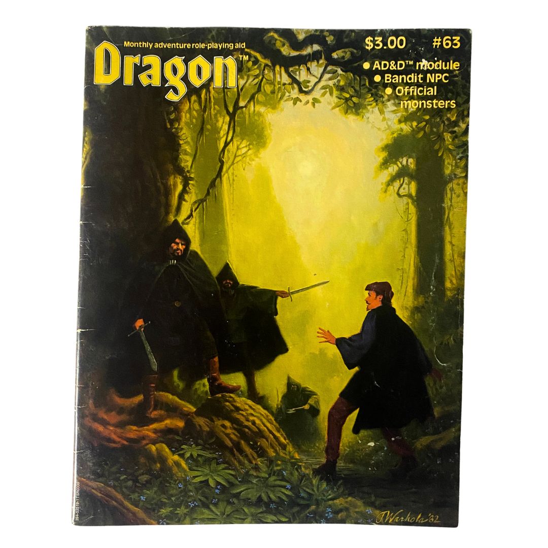 Cover of VTG Dragon Magazine July 1982 #63 featuring Bandit NPC and Official Monsters with an illustration showing a forest scene, characters with swords, and a vintage gaming theme.