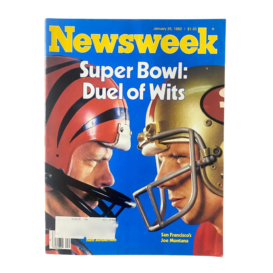 VTG Newsweek Magazine January 25 1982 cover featuring Ken Anderson and Joe Montana, highlighting the Super Bowl matchup 'Duel of Wits'.