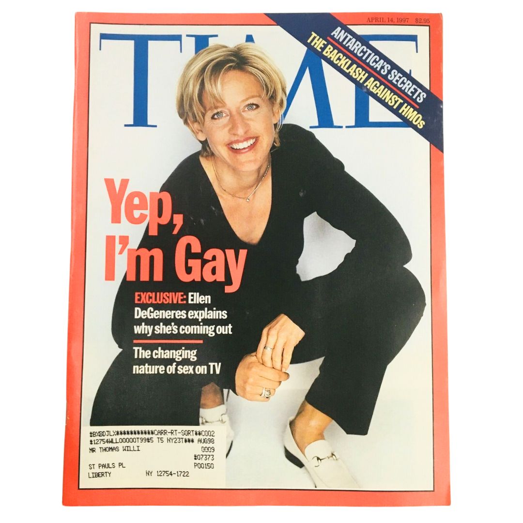 Cover image of Time Magazine from April 14, 1997 featuring Ellen DeGeneres with the headline 'Yep, I'm Gay' discussing her coming out and the backlash against HMOs.