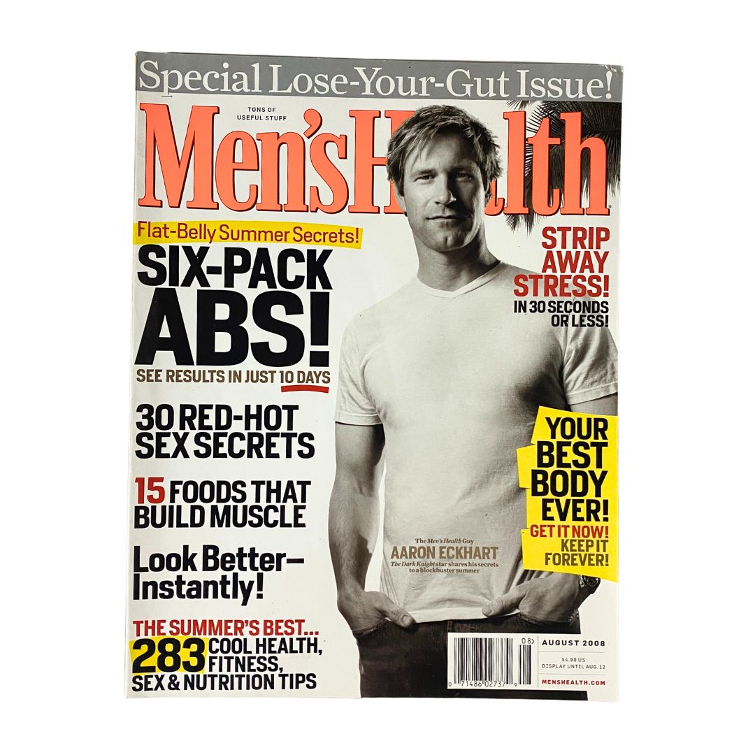 Men's Health Magazine August 2008 featuring actor Aaron Eckhart on the cover, highlighting fitness tips and health secrets, labeled as No Label and in very good condition.