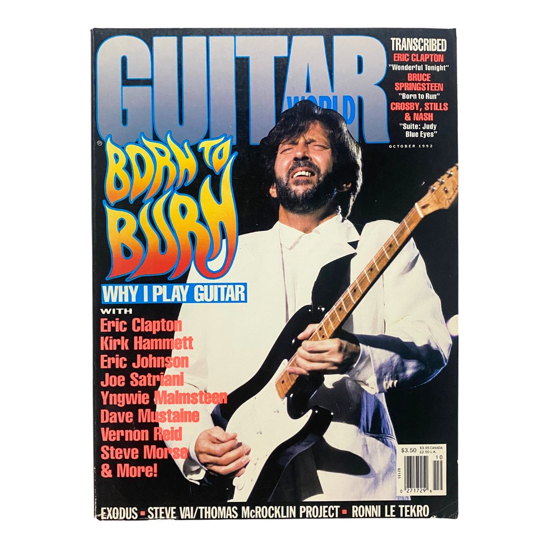 Guitar World Magazine October 1992 featuring Eric Clapton on the cover with the title 'Born to Burn' and highlights of iconic guitarists including Kirk Hammett.