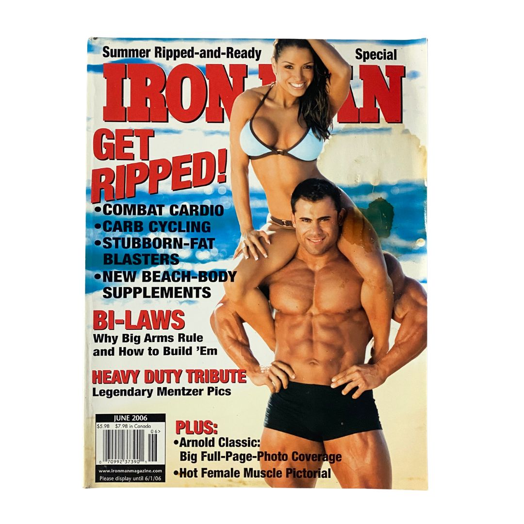 Cover of Iron Man Magazine June 2006 featuring two fit models showcasing a summer fitness theme with headlines about workouts, health supplements, and weight loss, highlighting its collectible value for vintage magazine enthusiasts.