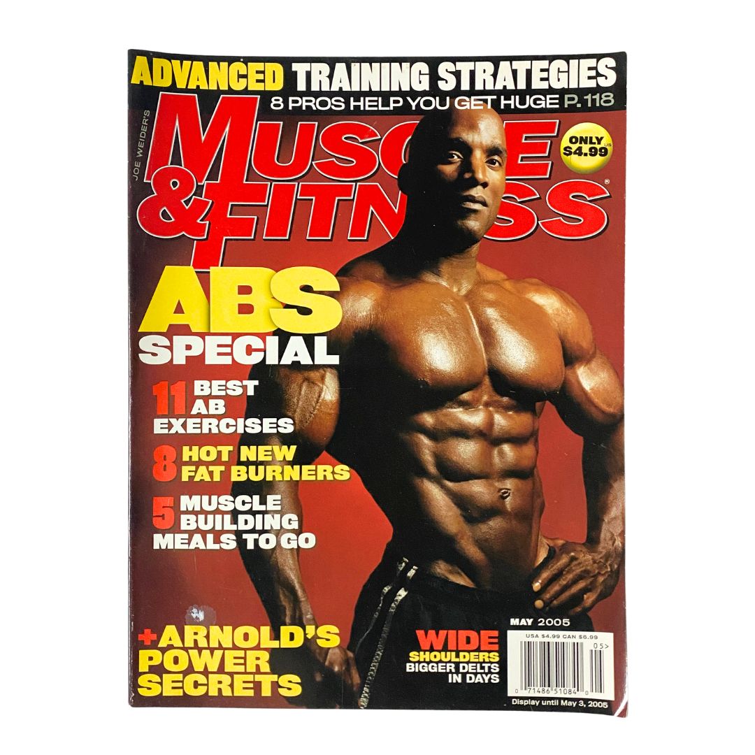 Muscle & Fitness Magazine May 2005 cover featuring Darrem Charles with headlines about abs exercises, advanced training strategies, and nutrition tips. Ideal for collectors of vintage fitness magazines.