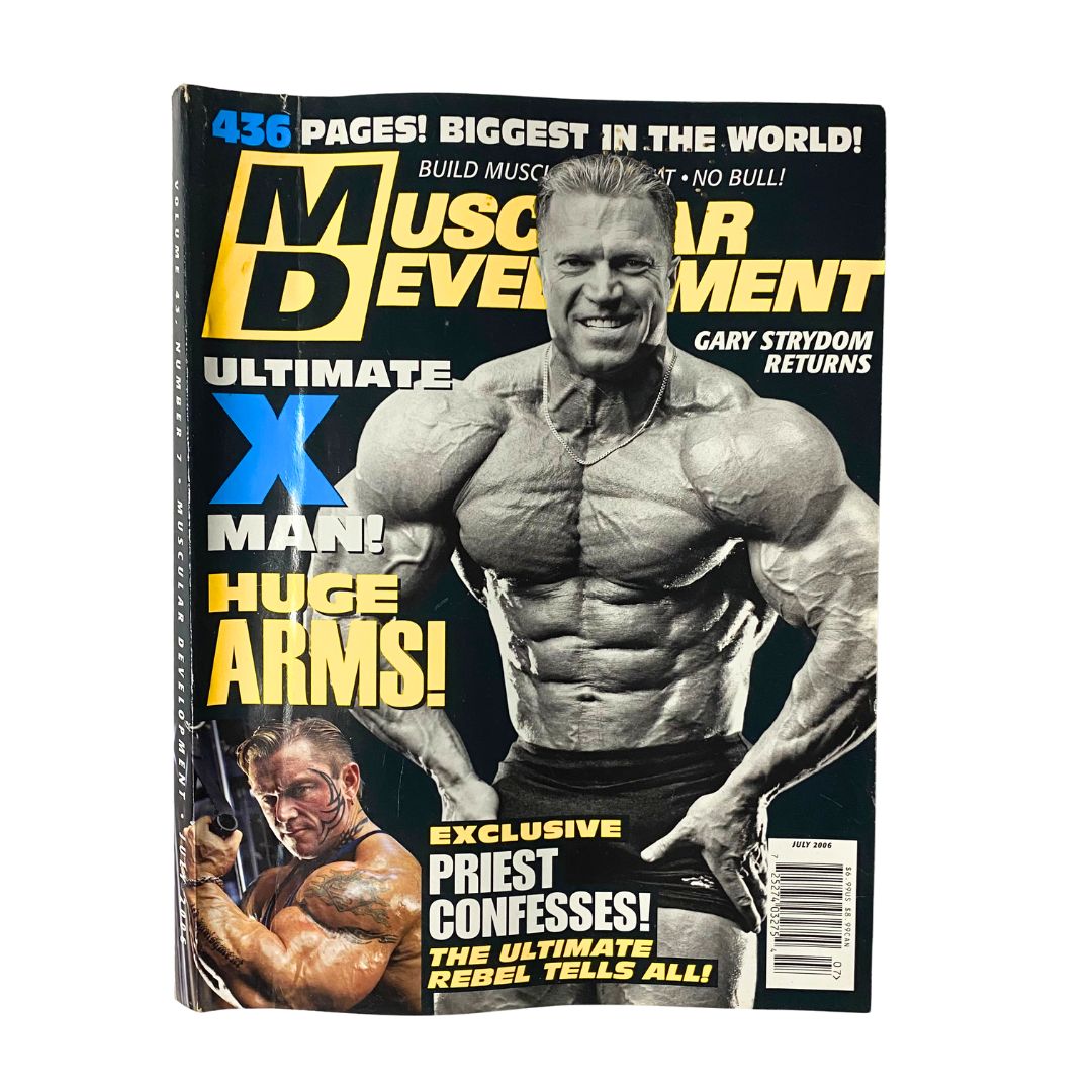 Muscular Development Magazine July 2006 featuring Gary Strydom on the cover, showcasing a muscular bodybuilder with a bold headline and vibrant graphics, highlighting fitness culture.