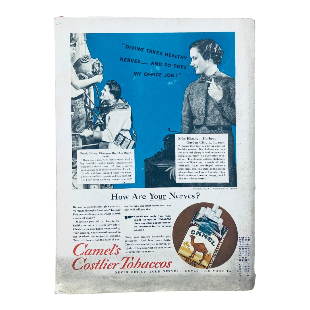 VTG Time Magazine March 5 1934, back cover advertisement for Camel's Costlier Tobaccos with images of a deep-sea diver and a stylish woman.