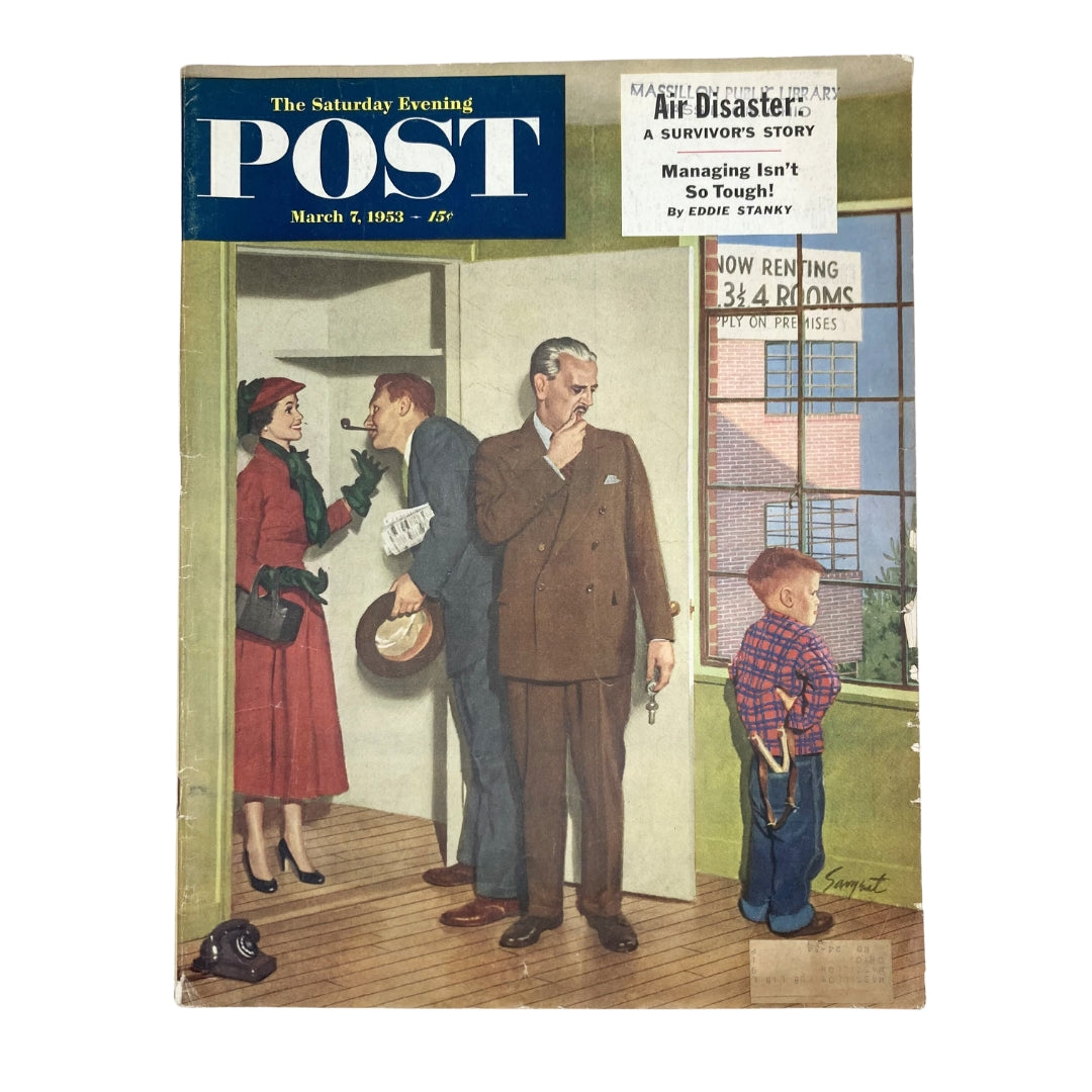 Cover of Saturday Evening Post Magazine dated March 7, 1953, featuring a colorful illustration by Dick Sargent depicting a scene with characters interacting in a vintage setting.