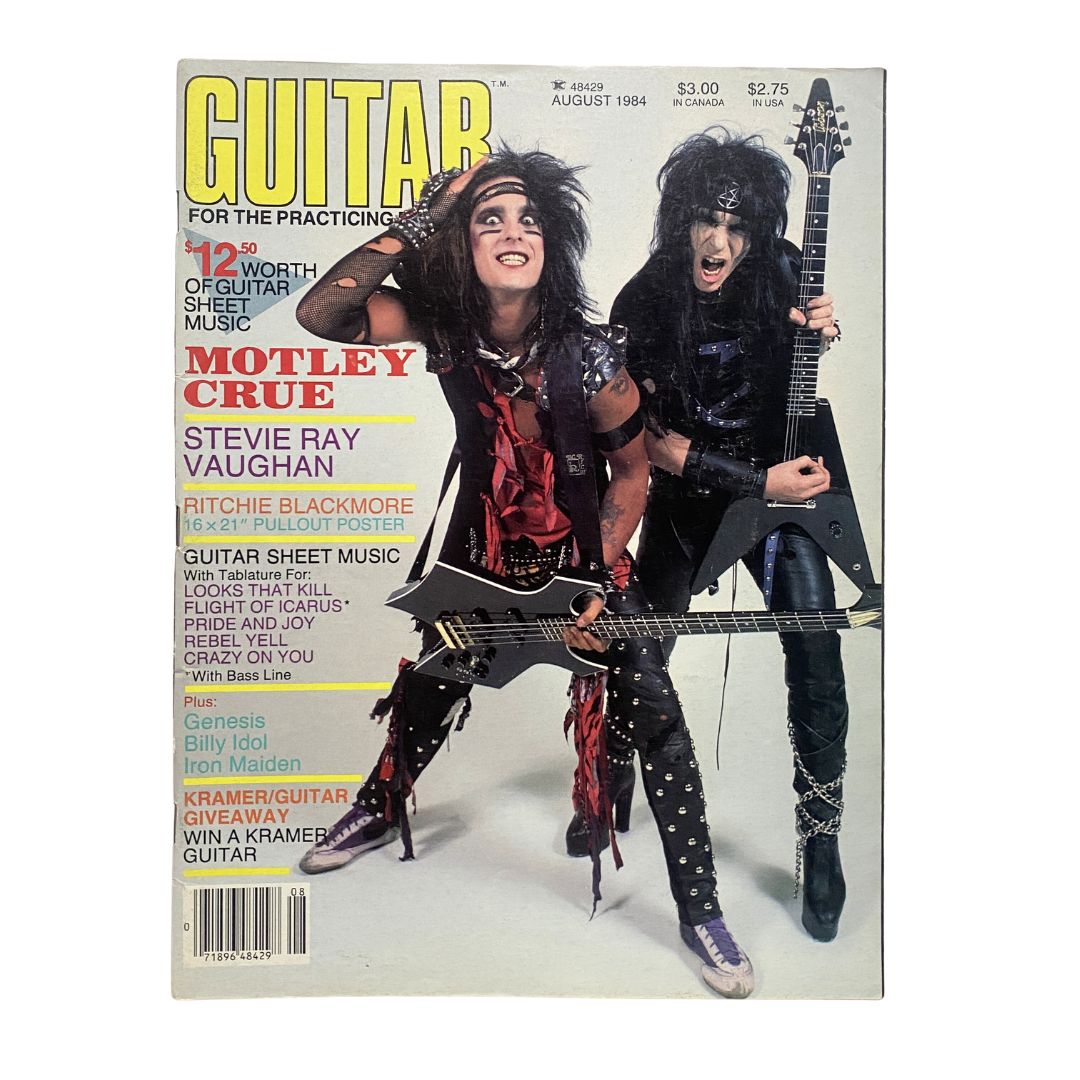 Cover of Guitar for the Practicing Musician Magazine, August 1984 featuring Nikki Sixx and Mick Mars of Mötley Crüe, showcasing their iconic glam rock style and guitar artistry.