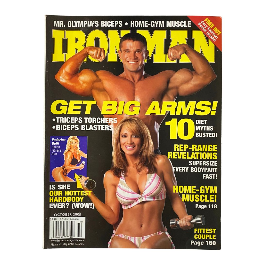 Cover of Iron Man Magazine October 2005 featuring Mr. Olympia competitor with big arms and fitness model, reflecting bodybuilding culture.